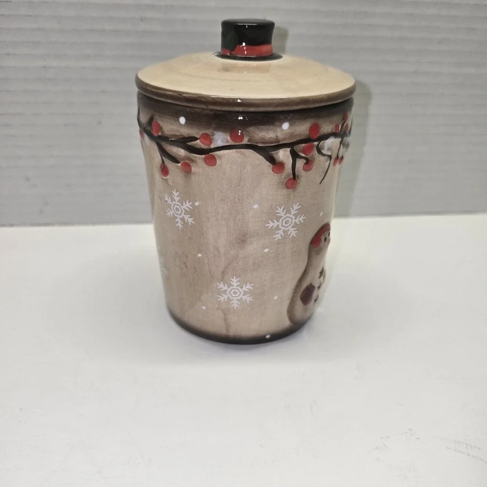 LTD Commodities Snowmen with Holly Lidded Canister Small Brown Seasonal‎ Cute